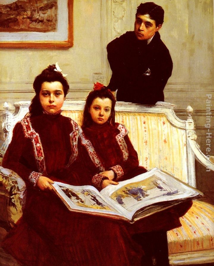 Francois Flameng Family Portrait of a Boy and his two Sisters admiring a Sketch Book